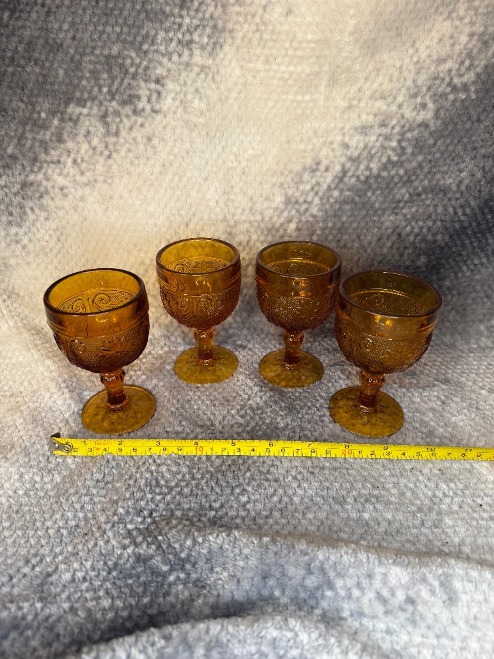 Vintage Set Of 4 Indiana Glass Tiara Amber Sandwich Cordials Glasses 4.25” Tall